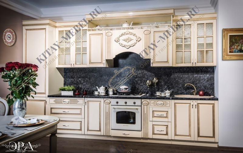 Кухня Верона (крем глянец) — композиция 1, прямая, ЛДСП, МДФ фасады, стекло, 3,2 м
