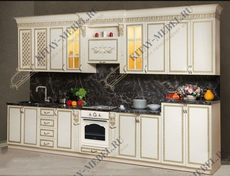 Прямой кухонный гарнитур — Новелла, ширина 4100 мм, МДФ фасады, ЛДСП корпус, стекло витраж